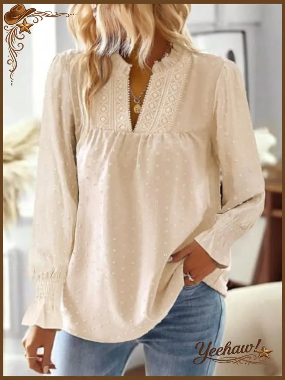Women's V Neck Lace Boho Long Sleeve Swiss Dot Blouse Tunic Top - Picture 2 of 7